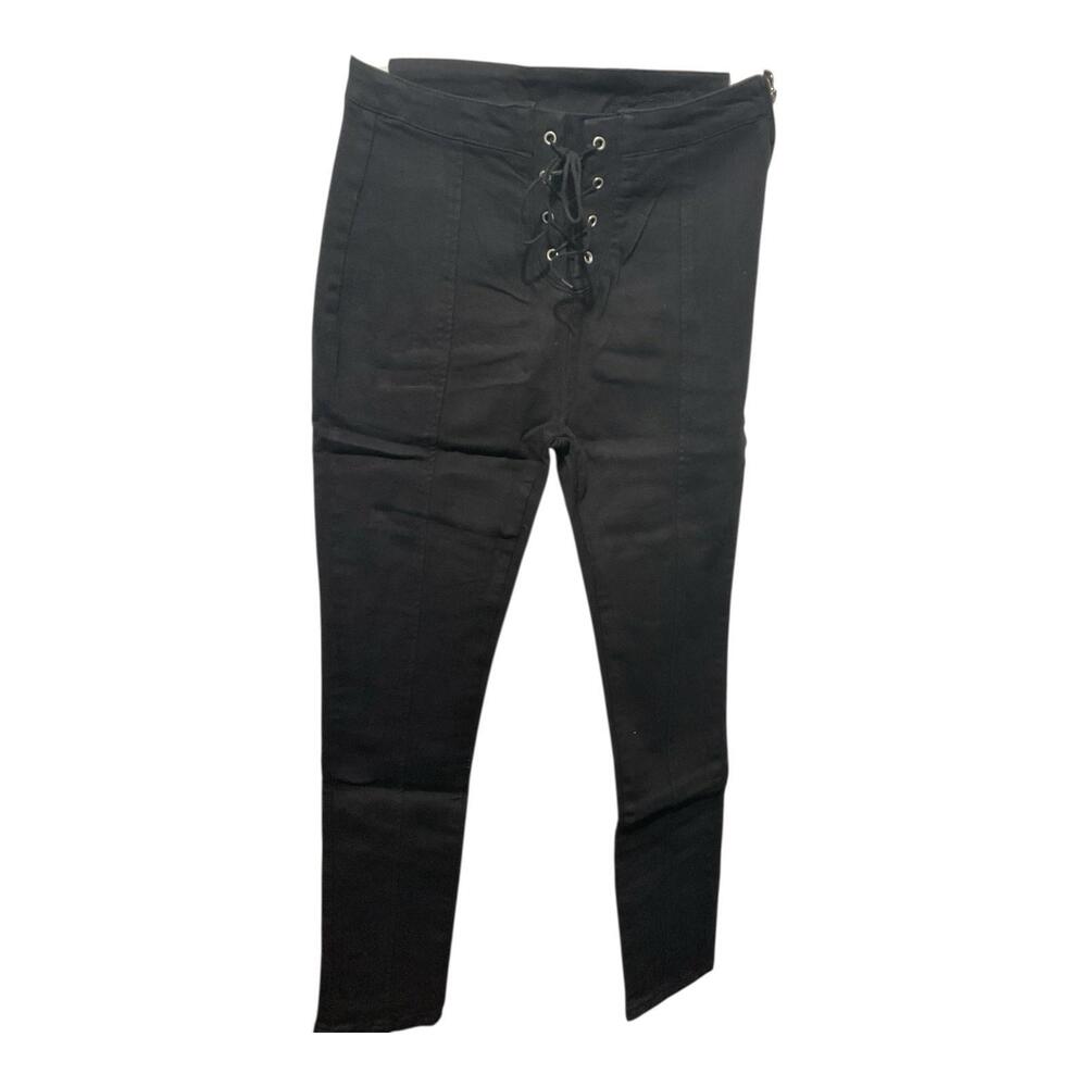 NWT Hayden Black Lace-Up Front Skinny Jeans Sz L Side Zip Stretch A16